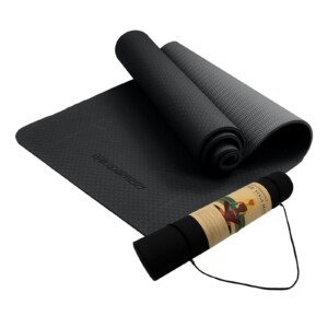 Black Powertrain 6mm non-slip TPE yoga mat with carry strap