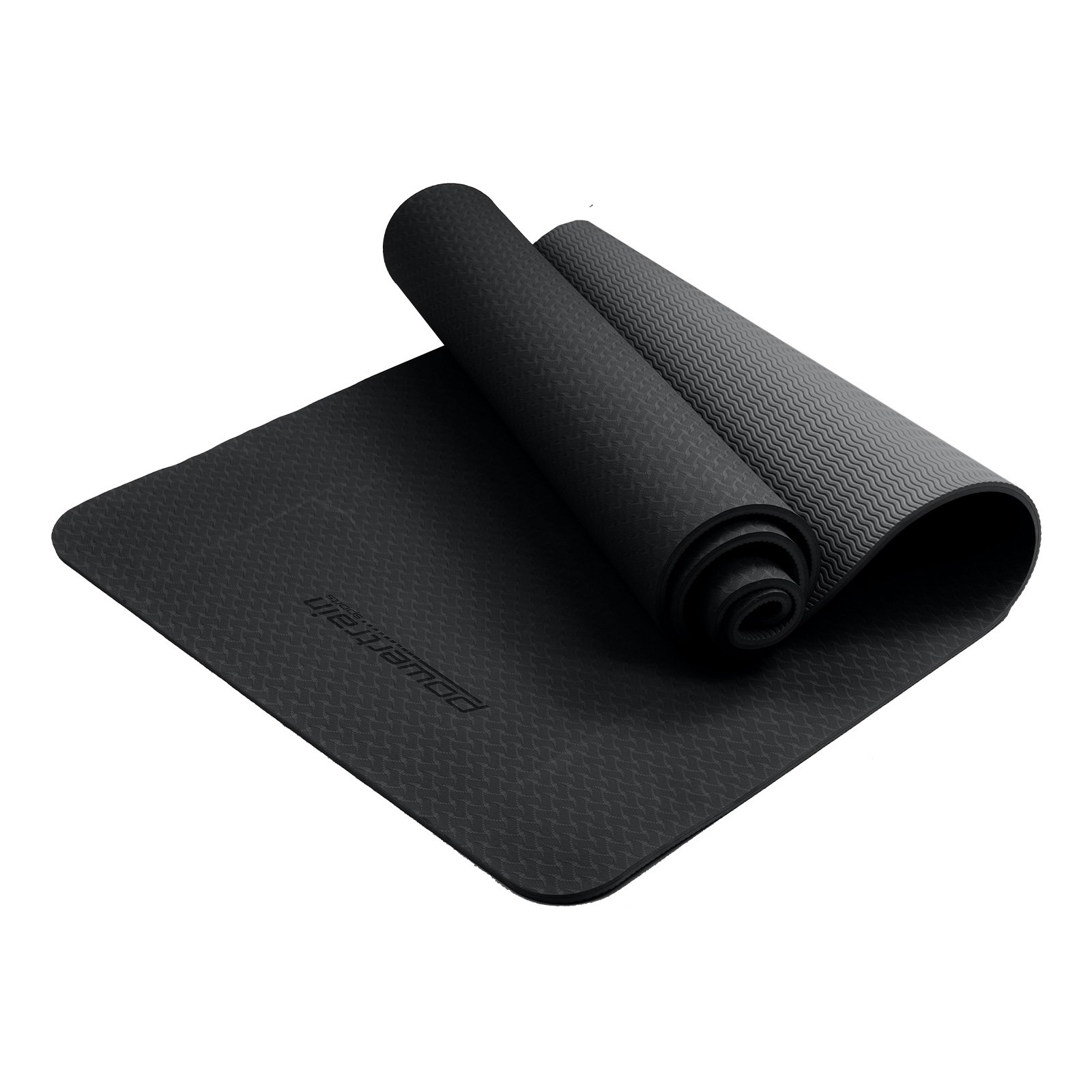 Black Powertrain 6mm non-slip TPE yoga mat with carry strap