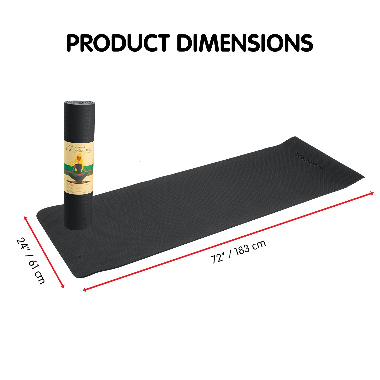 Black Powertrain 6mm non-slip TPE yoga mat with carry strap
