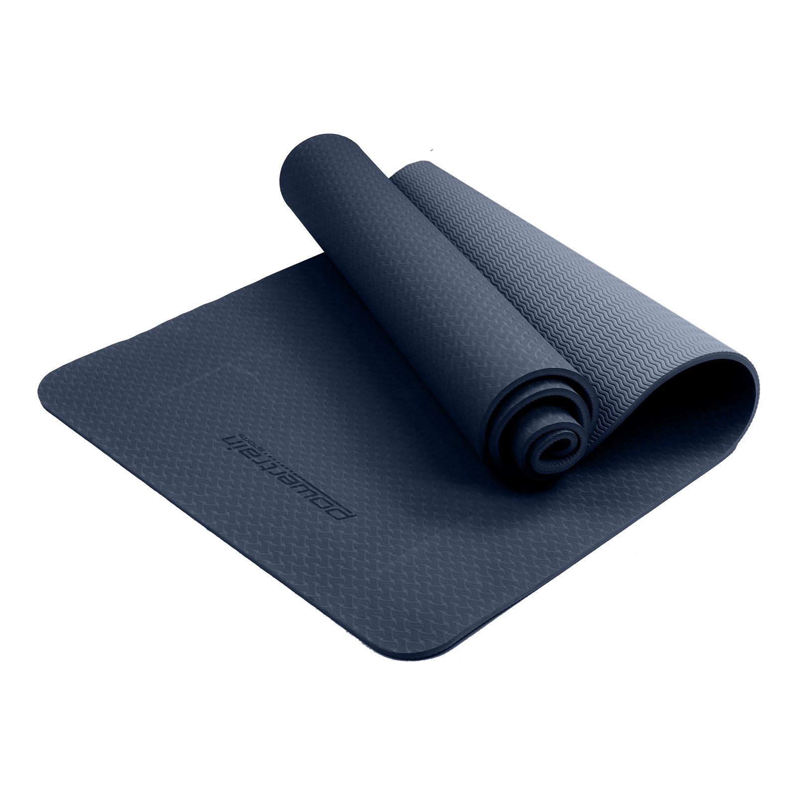 Dark Blue Powertrain 6mm non-slip TPE yoga mat with carry strap
